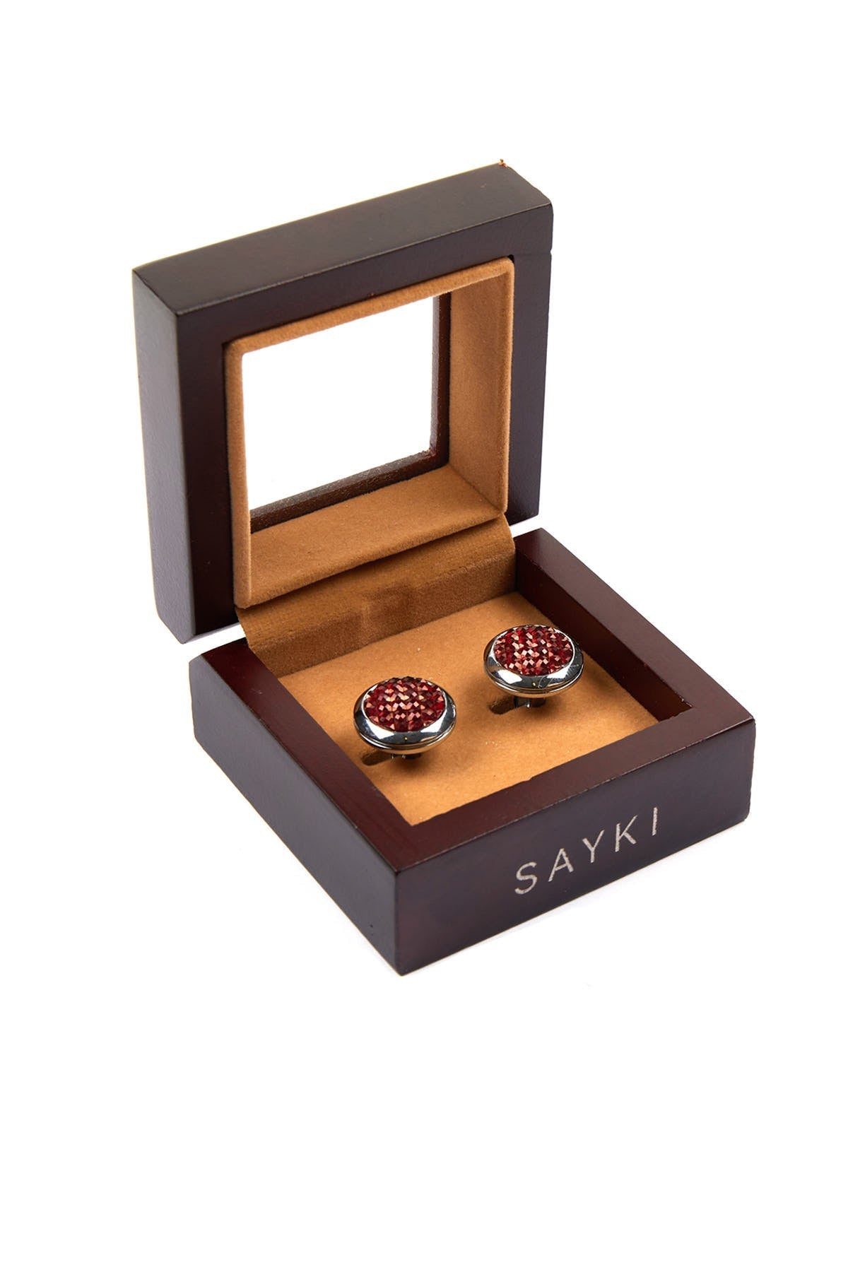 Red Textured Natural Stone Round Cufflinks - MIB