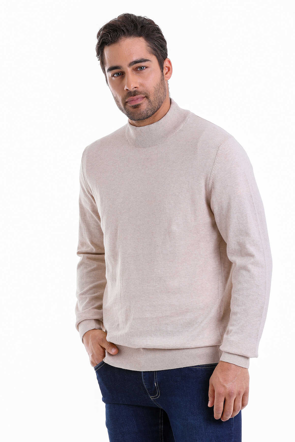 Regular Fit 100% Cotton Beige Mock Neck Sweater - MIB