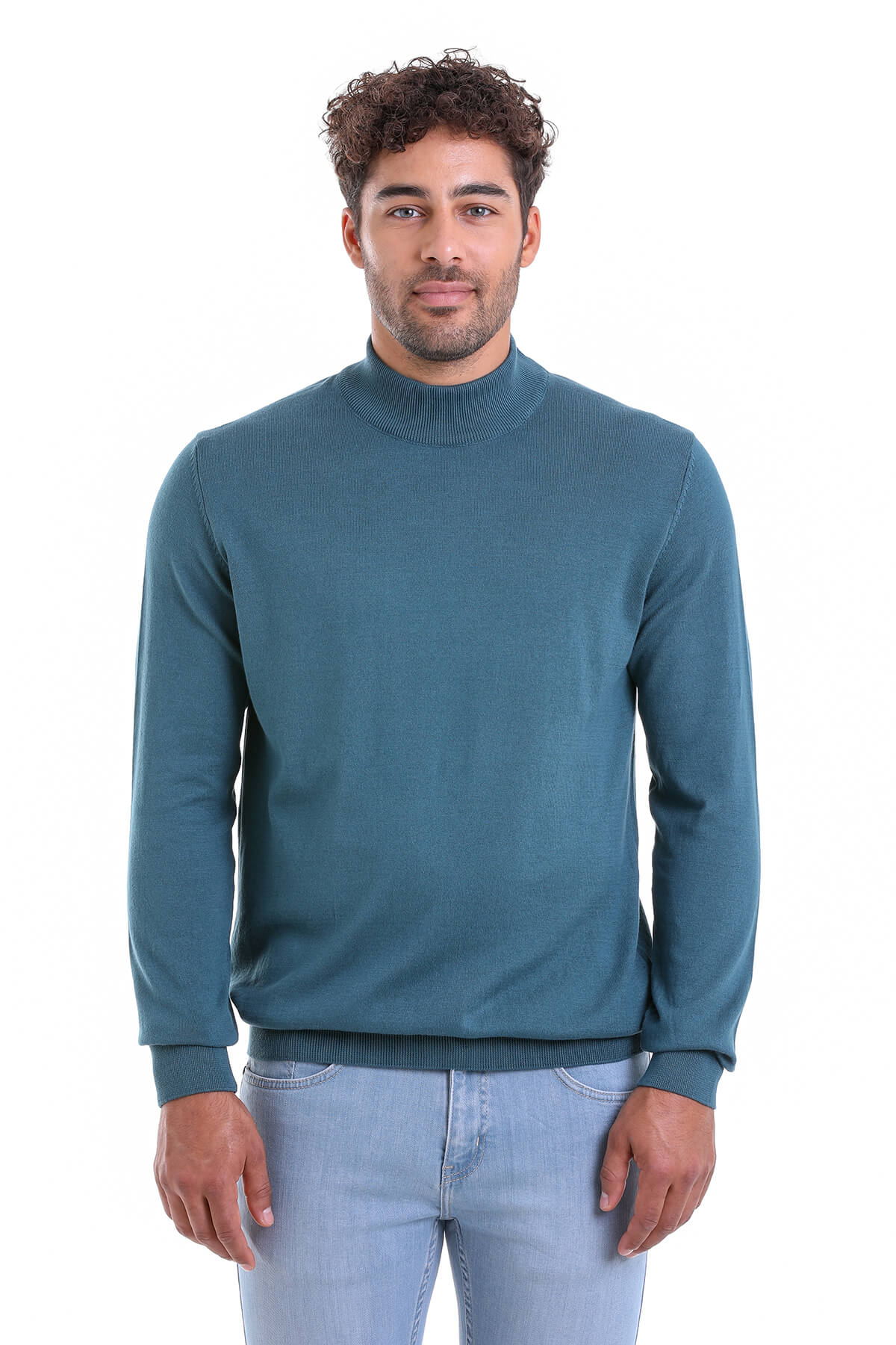 Regular Fit 100% Cotton Blue Mock Neck Sweater - MIB