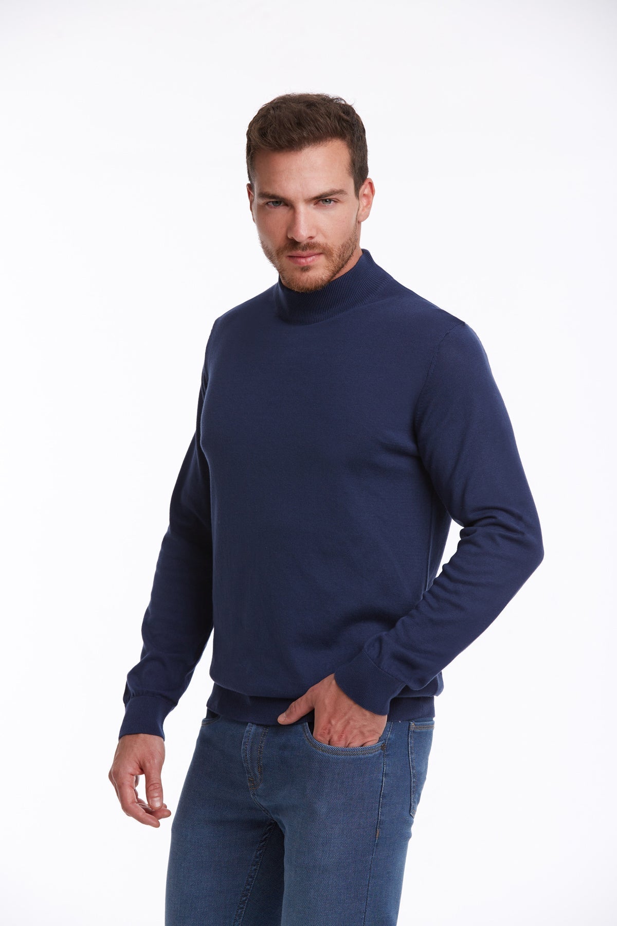 Regular Fit 100% Cotton Indigo Mock Neck Sweater - MIB