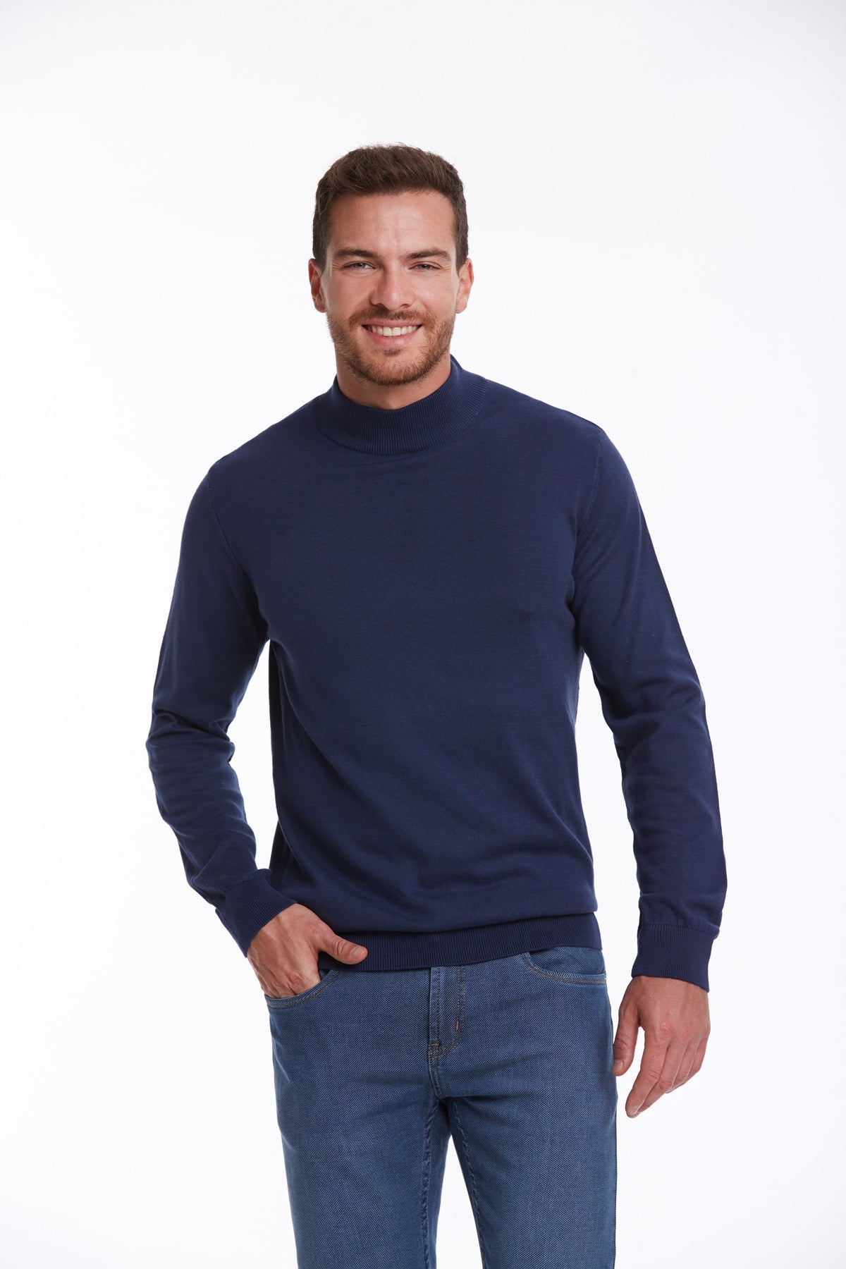 Regular Fit 100% Cotton Indigo Mock Neck Sweater - MIB