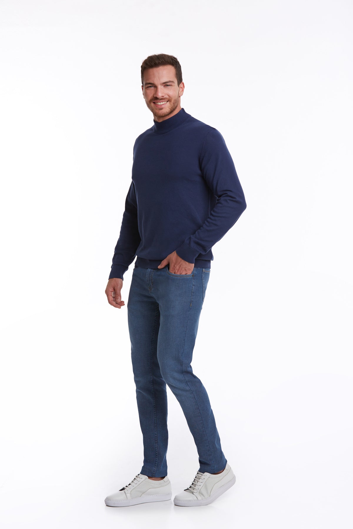 Regular Fit 100% Cotton Indigo Mock Neck Sweater - MIB