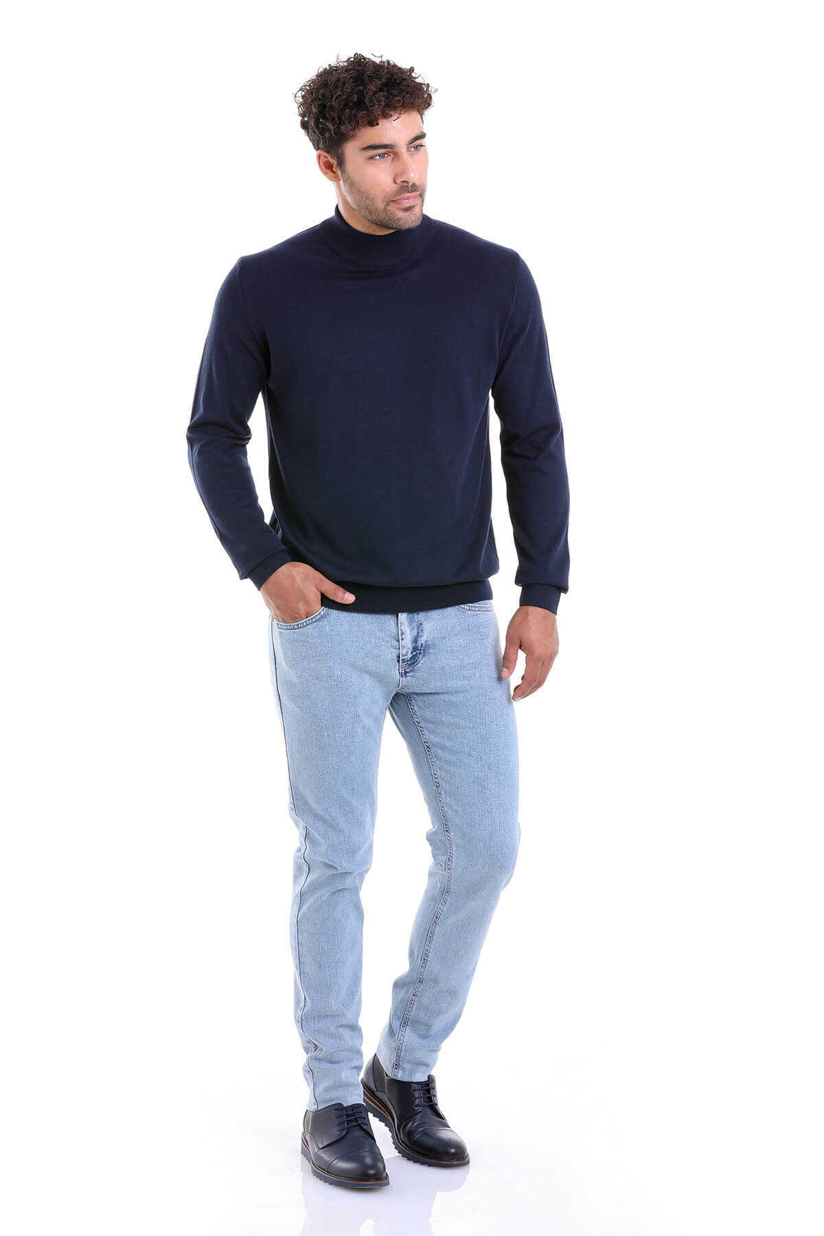 Regular Fit 100% Cotton Navy Mock Neck Sweater - MIB