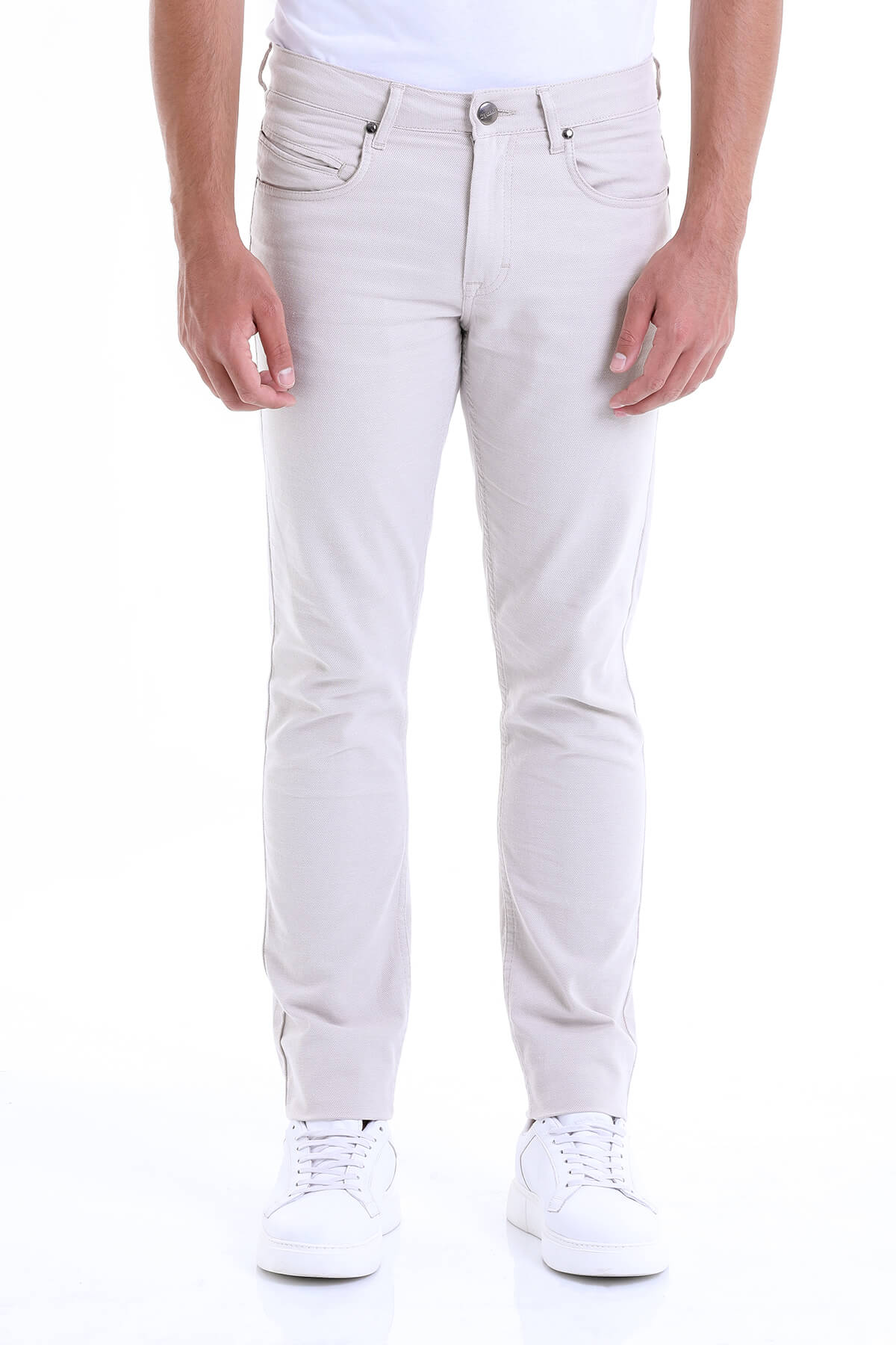 Regular Fit 5 Pocket High Waist Cotton Beige Casual Pants