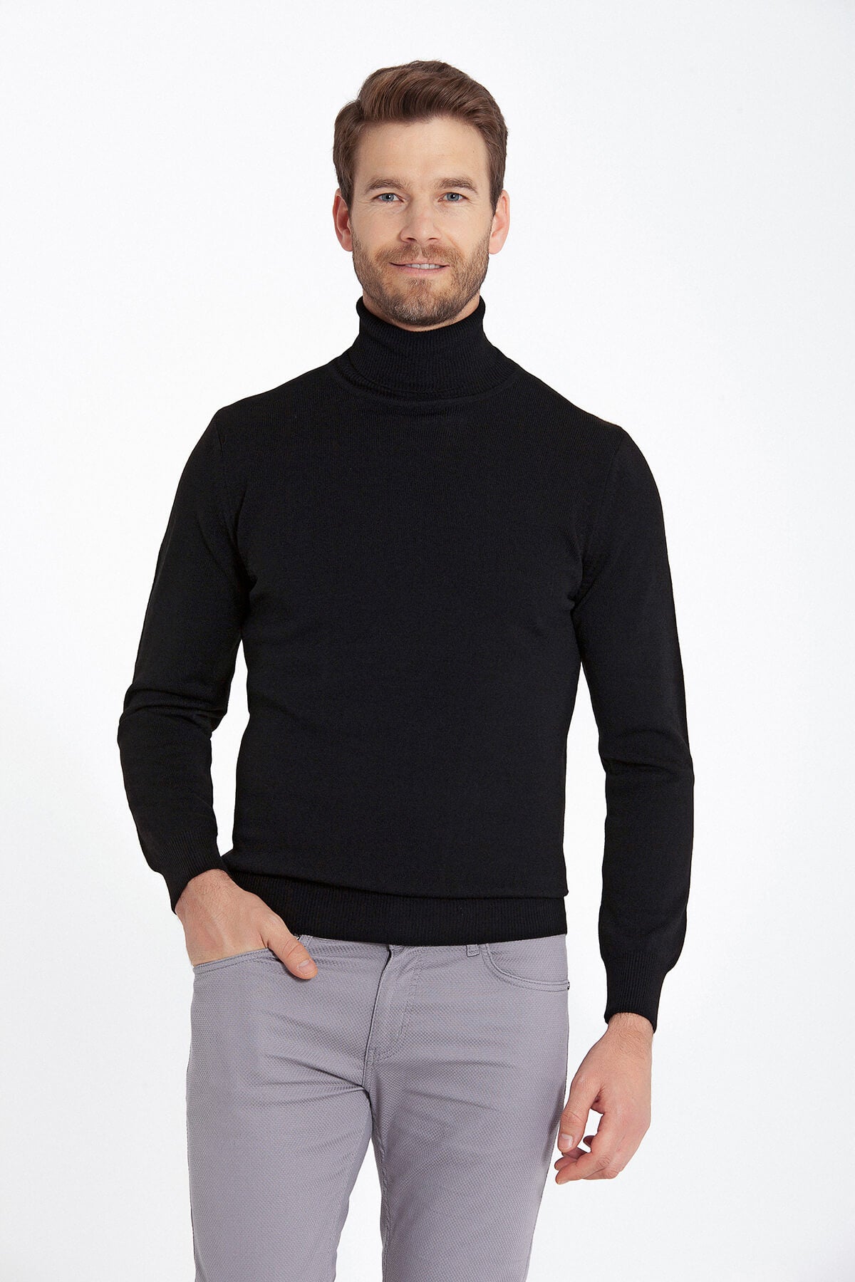 Regular Fit Basic Plain Black Turtleneck Sweater - SAYKI