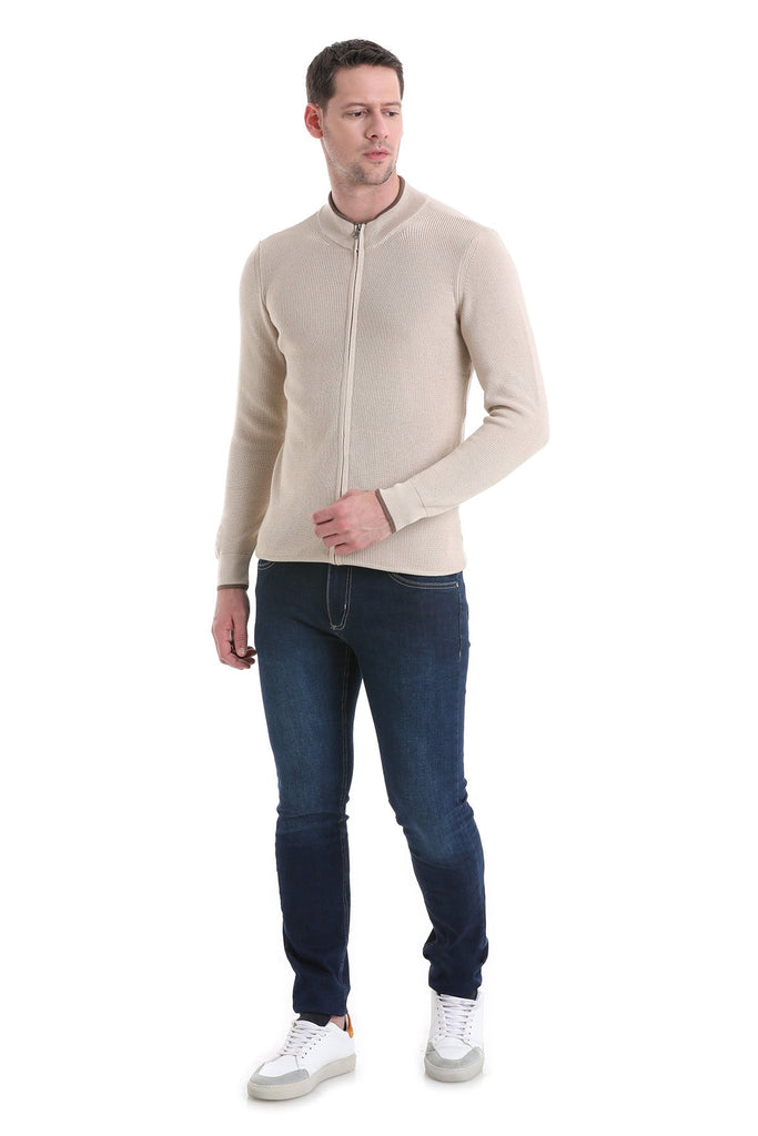 Regular Fit Basic / Plain Cotton & Acrylic Cardigan Beige