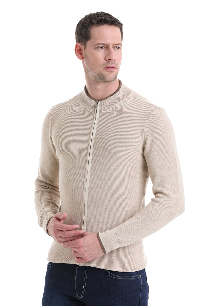 Regular Fit Basic / Plain Cotton & Acrylic Cardigan Beige