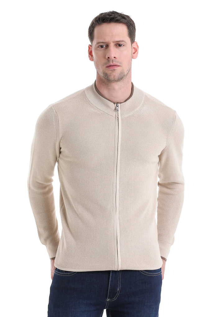 Regular Fit Basic / Plain Cotton & Acrylic Cardigan Beige