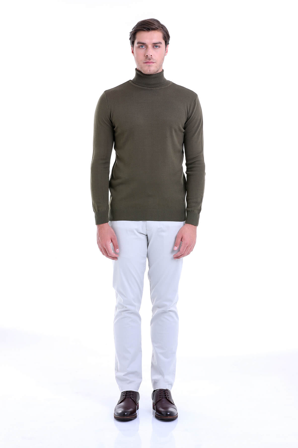 Regular Fit Basic Plain Khaki Turtleneck Sweater - SAYKI