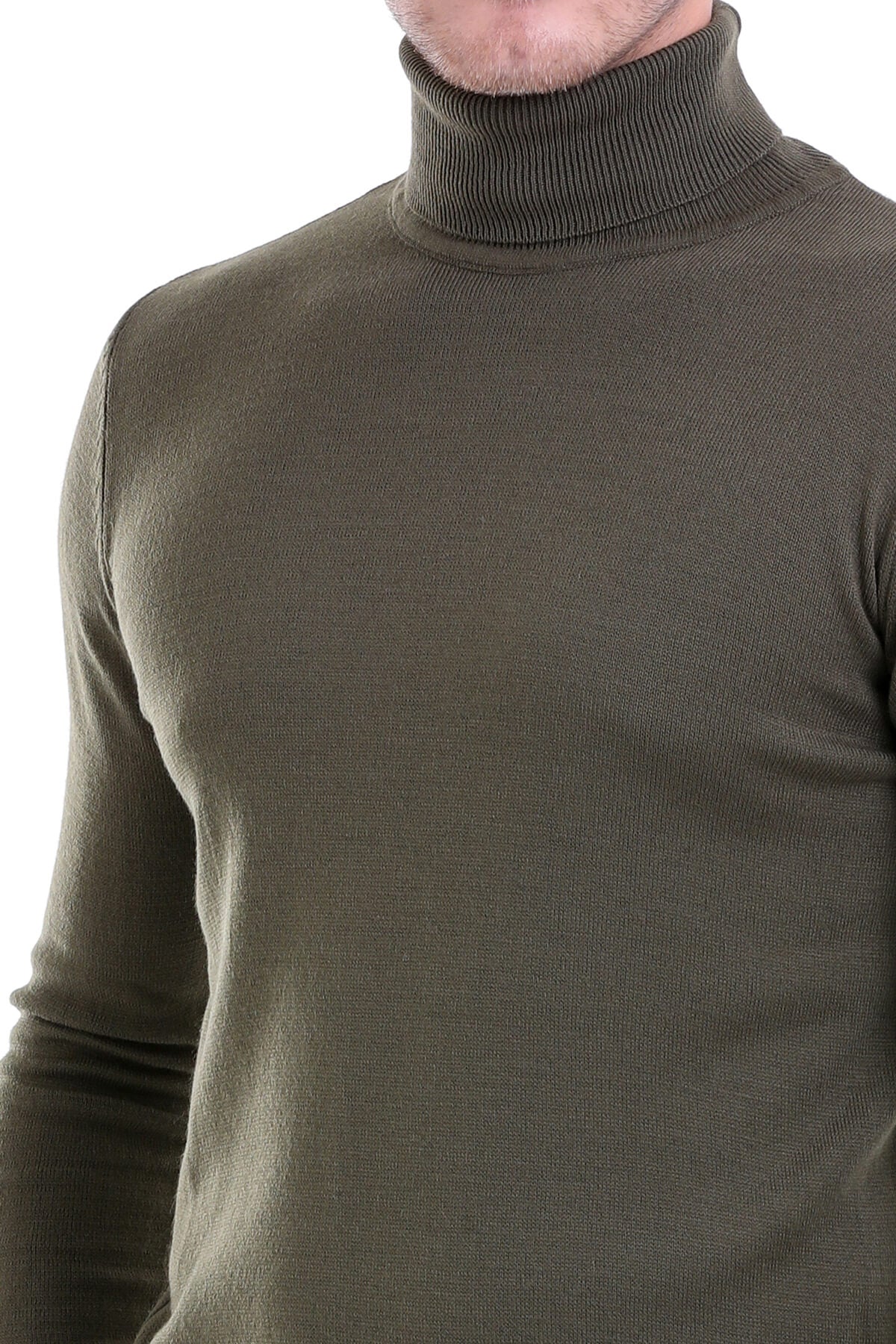 Regular Fit Basic Plain Khaki Turtleneck Sweater - SAYKI