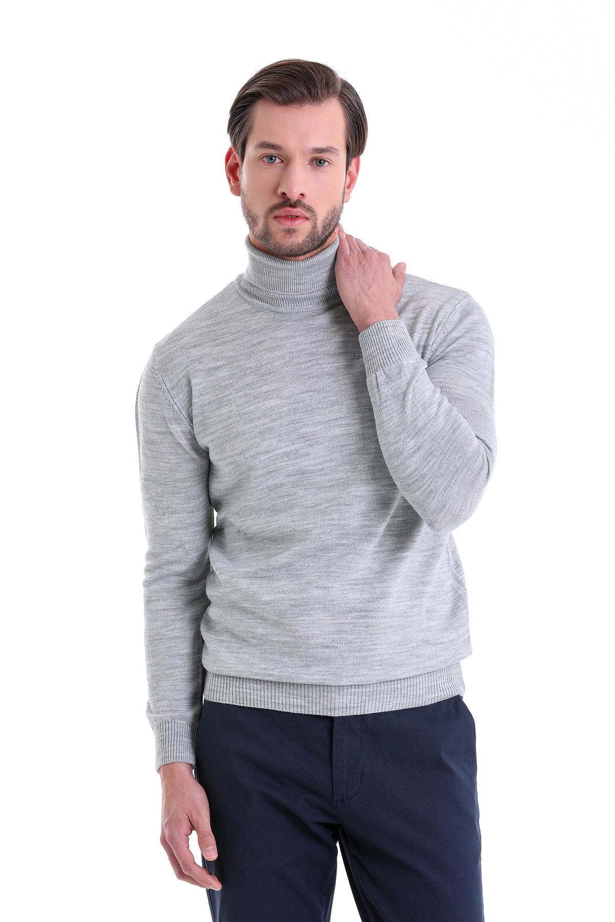 Regular Fit Basic Plain Light Gray Turtleneck Sweater