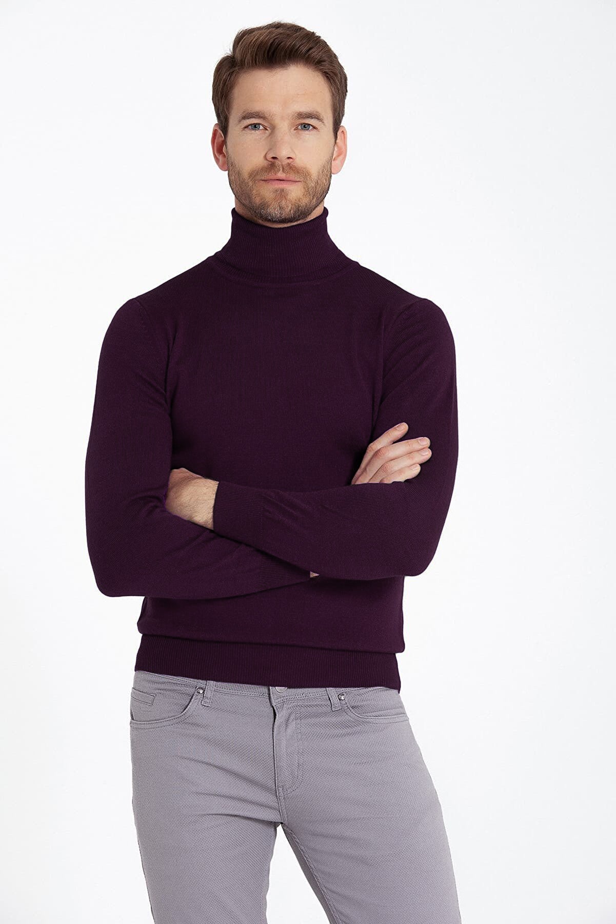 Regular Fit Basic Plain Purple Turtleneck Sweater - SAYKI