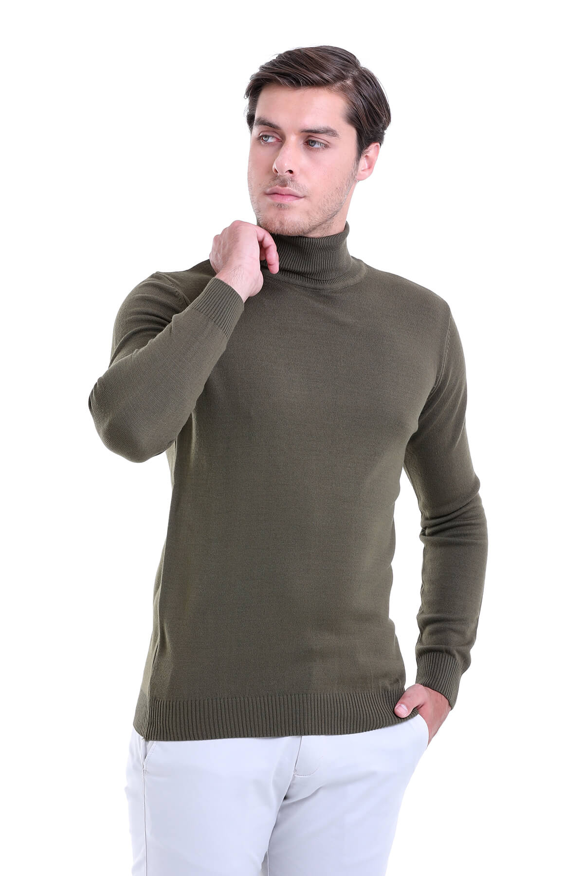 Regular Fit Basic Plain Seagrass Turtleneck Sweater - SAYKI