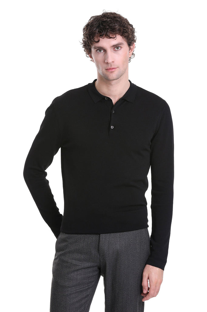 Regular Fit Basic / Plain Wool & Acyrlic Polo Sweater Black