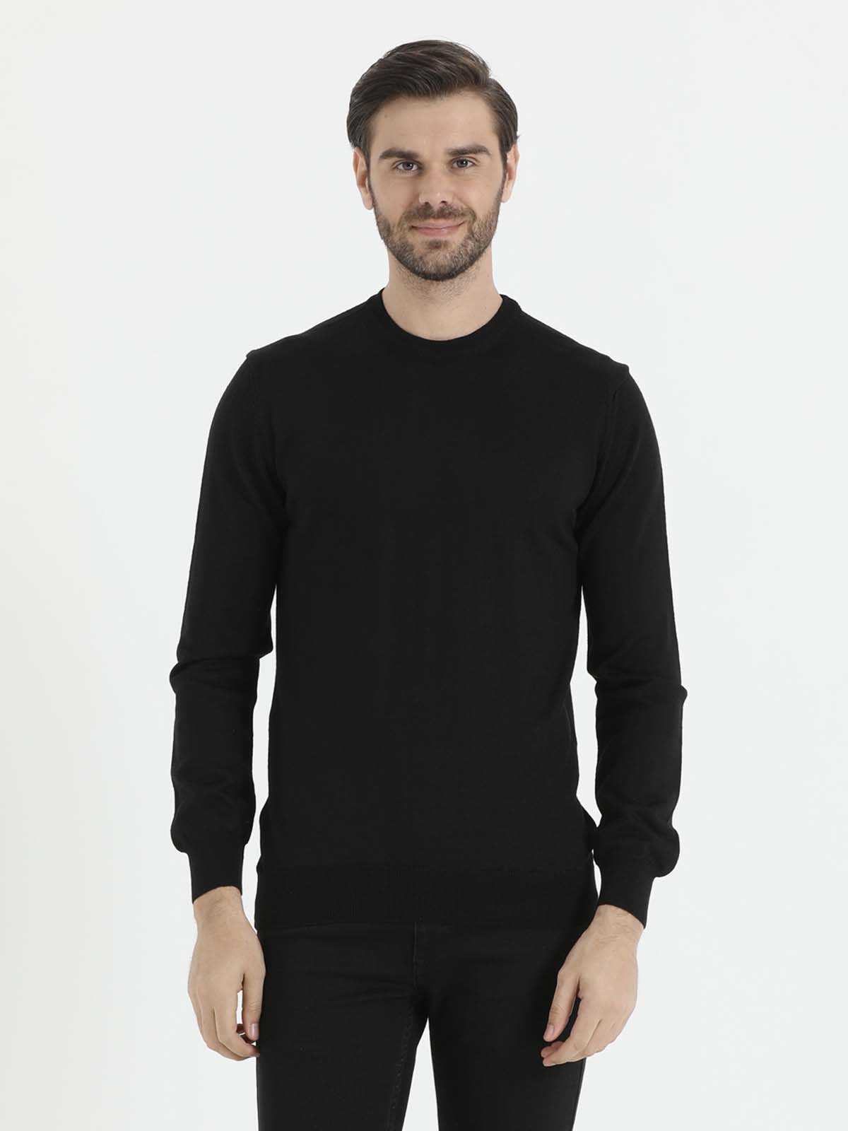 Regular Fit Basic Plain Wool Blend Black Crewneck Sweater