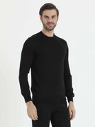 Regular Fit Basic Plain Wool Blend Black Crewneck Sweater