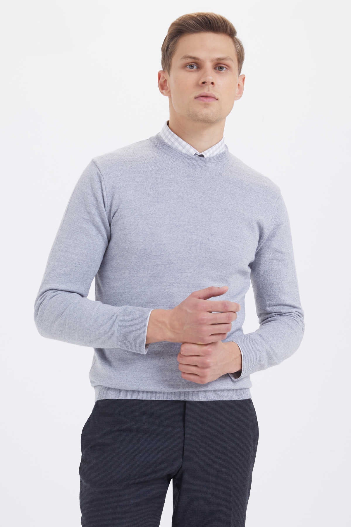 Regular Fit Basic Plain Wool Blend Black Crewneck Sweater