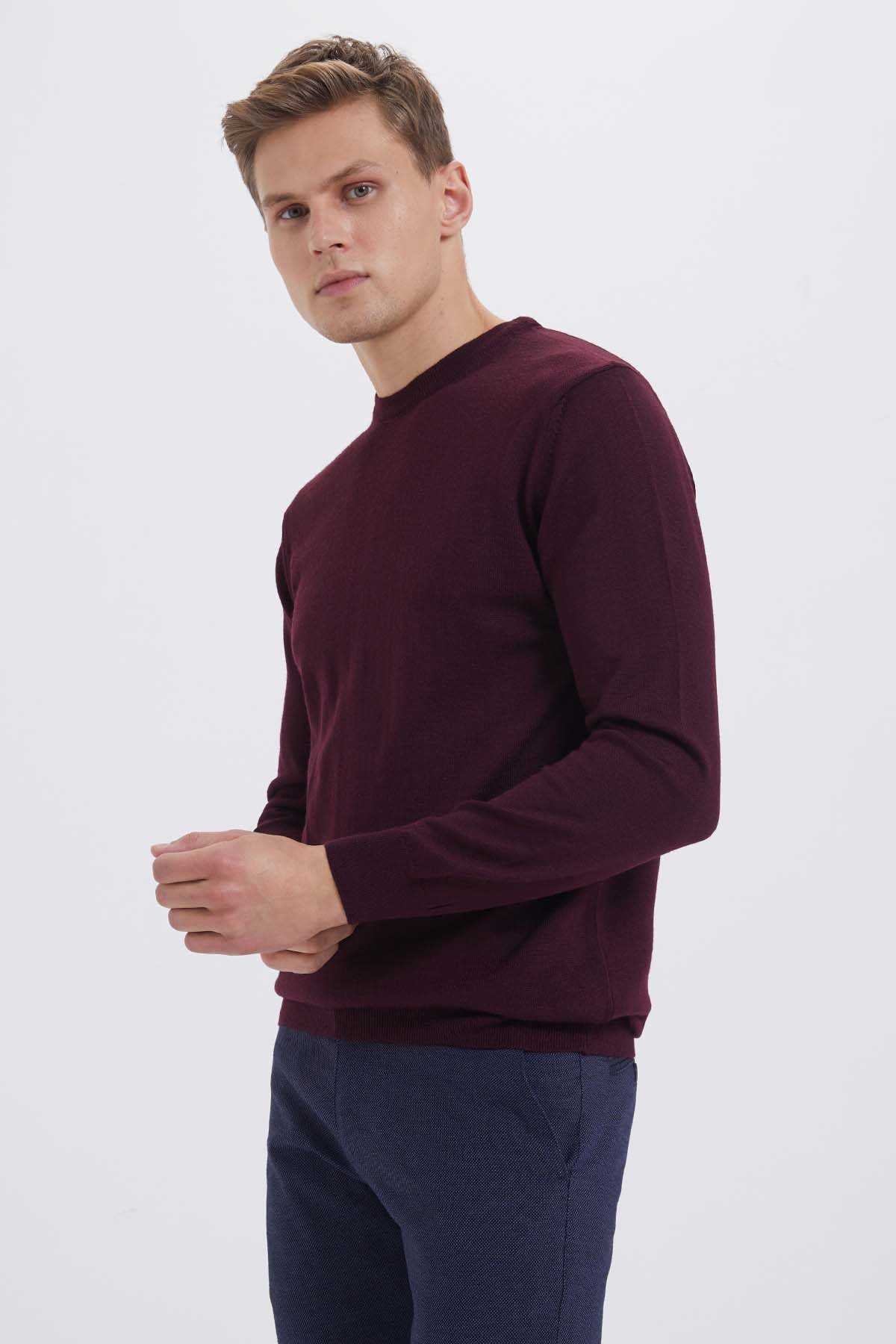 Regular Fit Basic Wool Blend Burgundy Crewneck Sweater