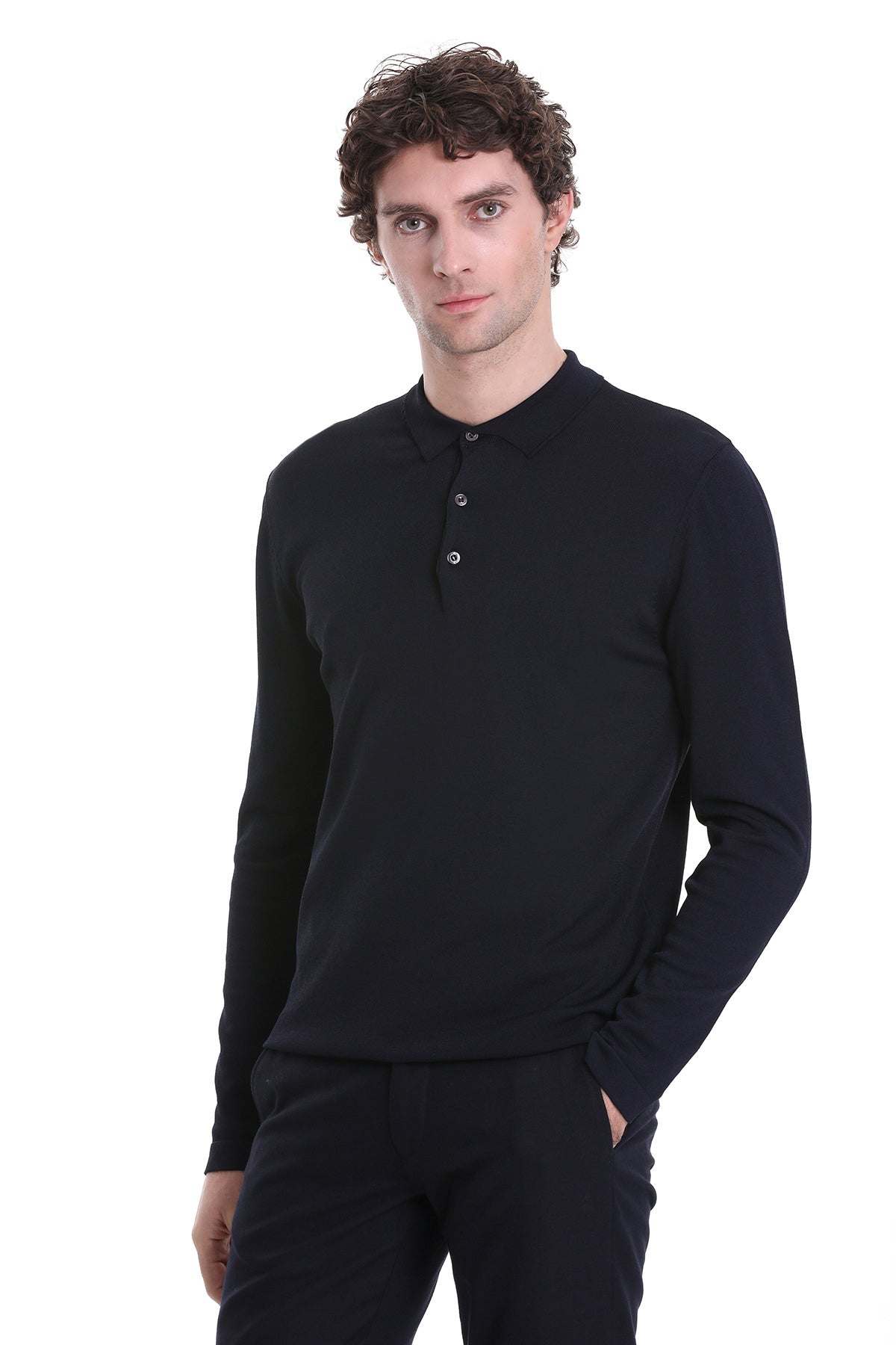 Regular Fit Basic Wool Blend Navy Polo Sweater - MIB