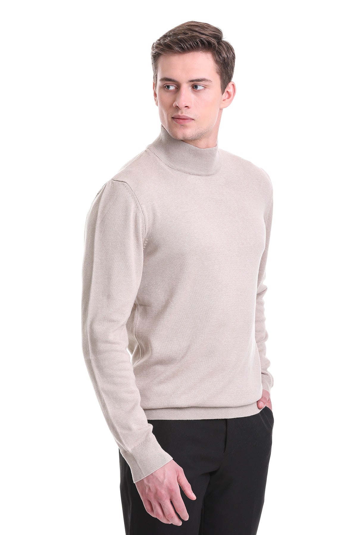 Regular Fit Beige Cotton Blend Mock Neck Sweater - SAYKI