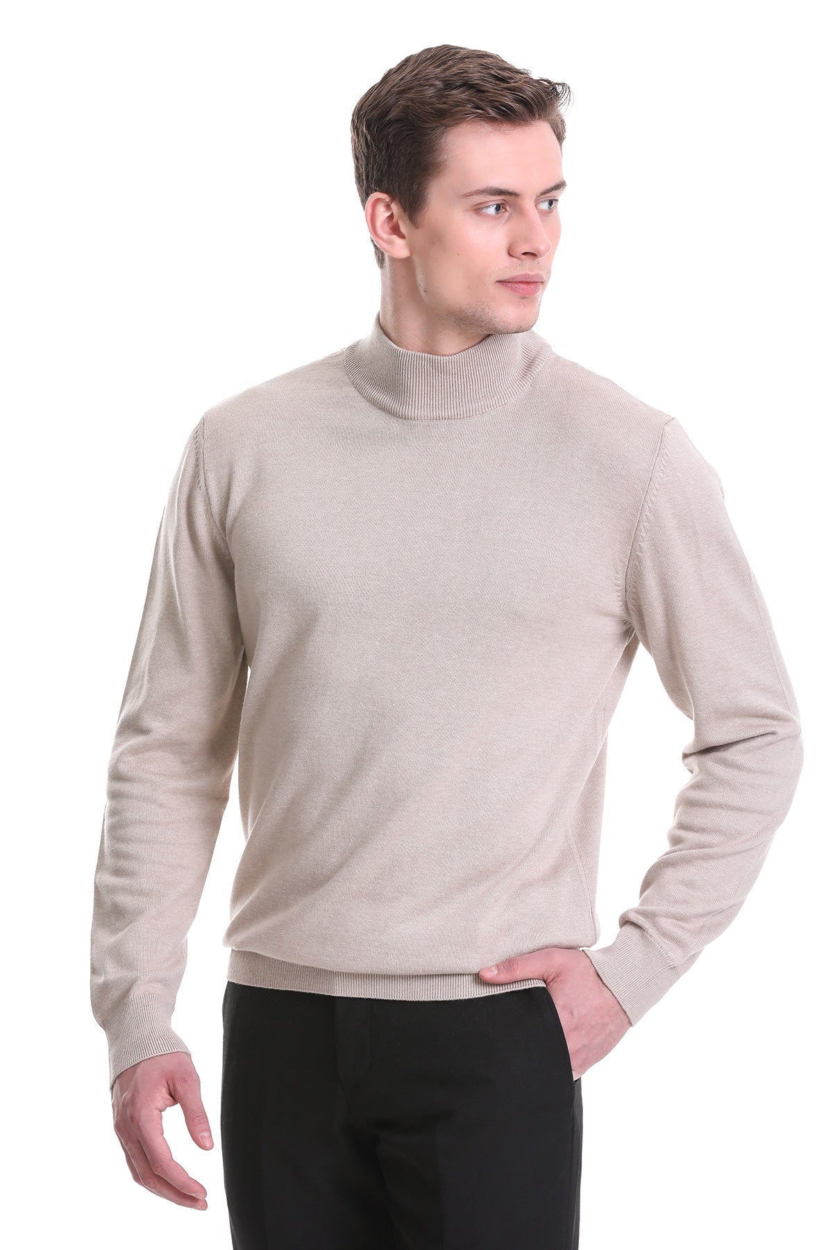 Regular Fit Beige Cotton Blend Mock Neck Sweater - SAYKI