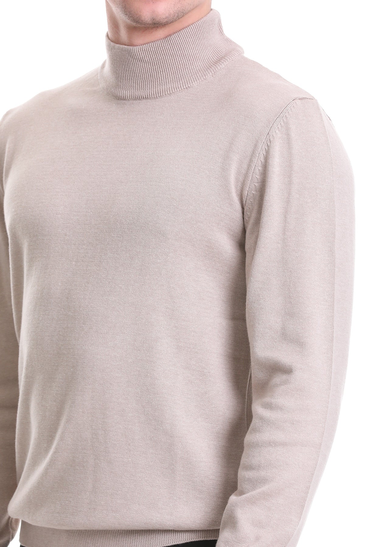 Regular Fit Beige Cotton Blend Mock Neck Sweater - SAYKI