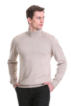 Regular Fit Beige Cotton Blend Mock Neck Sweater - SAYKI