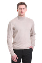 Regular Fit Beige Cotton Blend Mock Neck Sweater - SAYKI