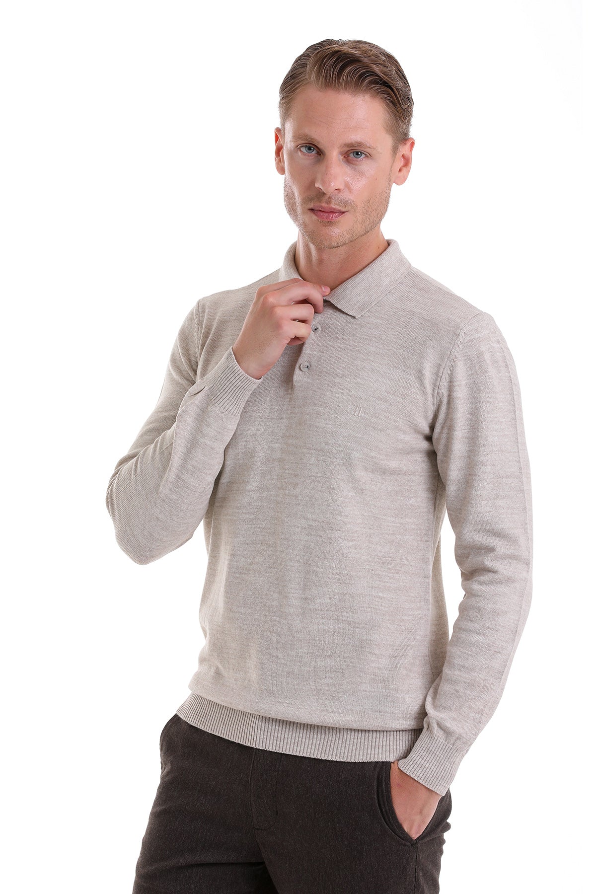 Regular Fit Beige Polo Sweater - MIB