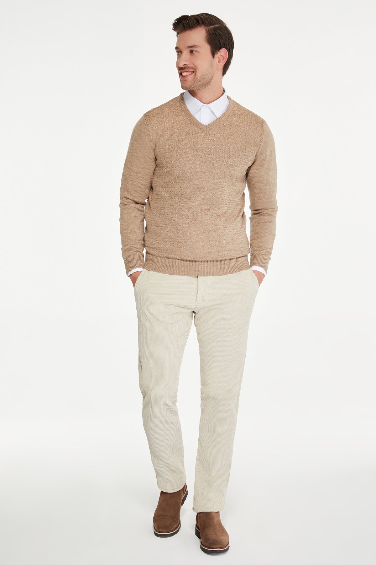 Regular Fit Beige V-Neck Sweater - MIB