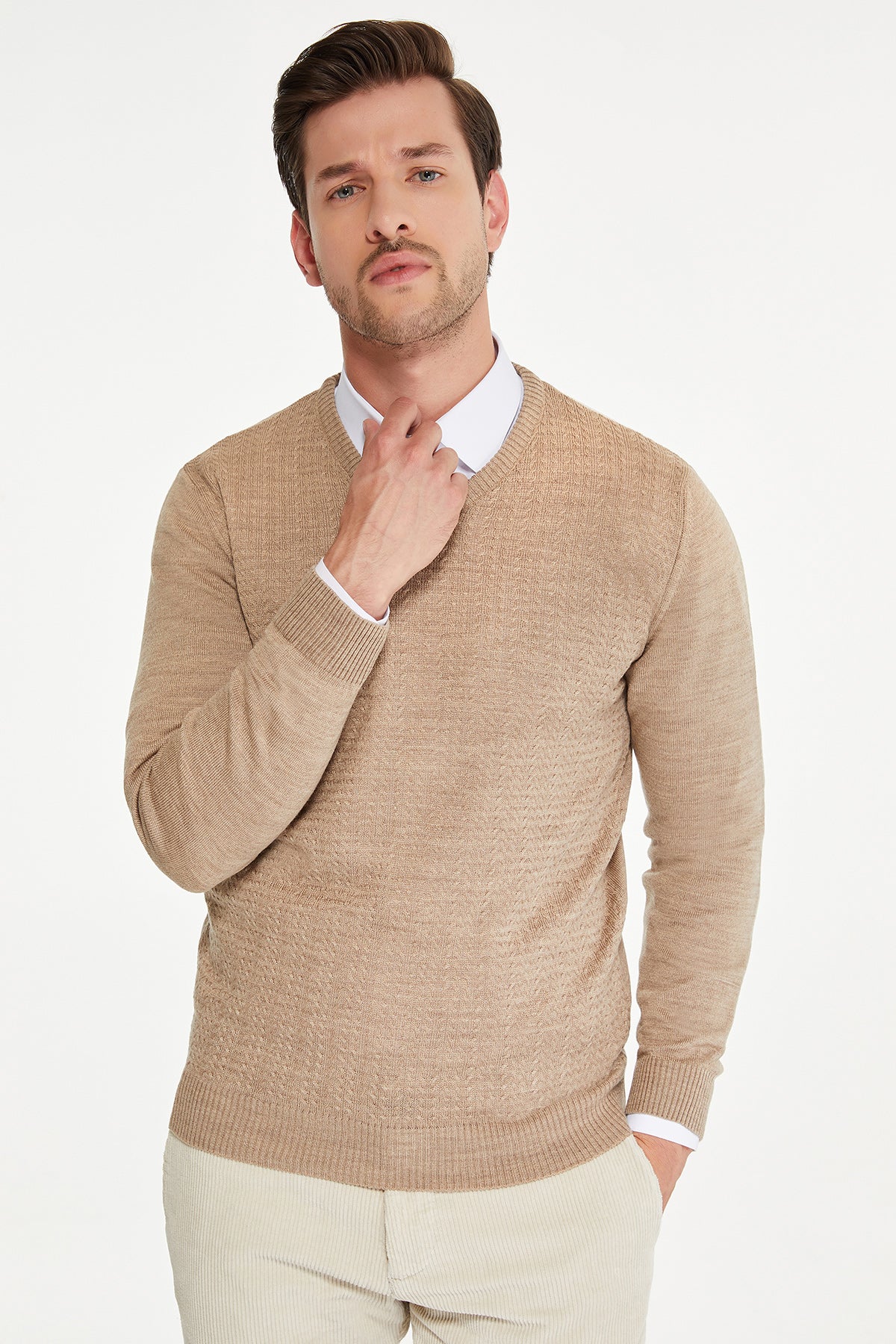 Regular Fit Beige V-Neck Sweater - MIB