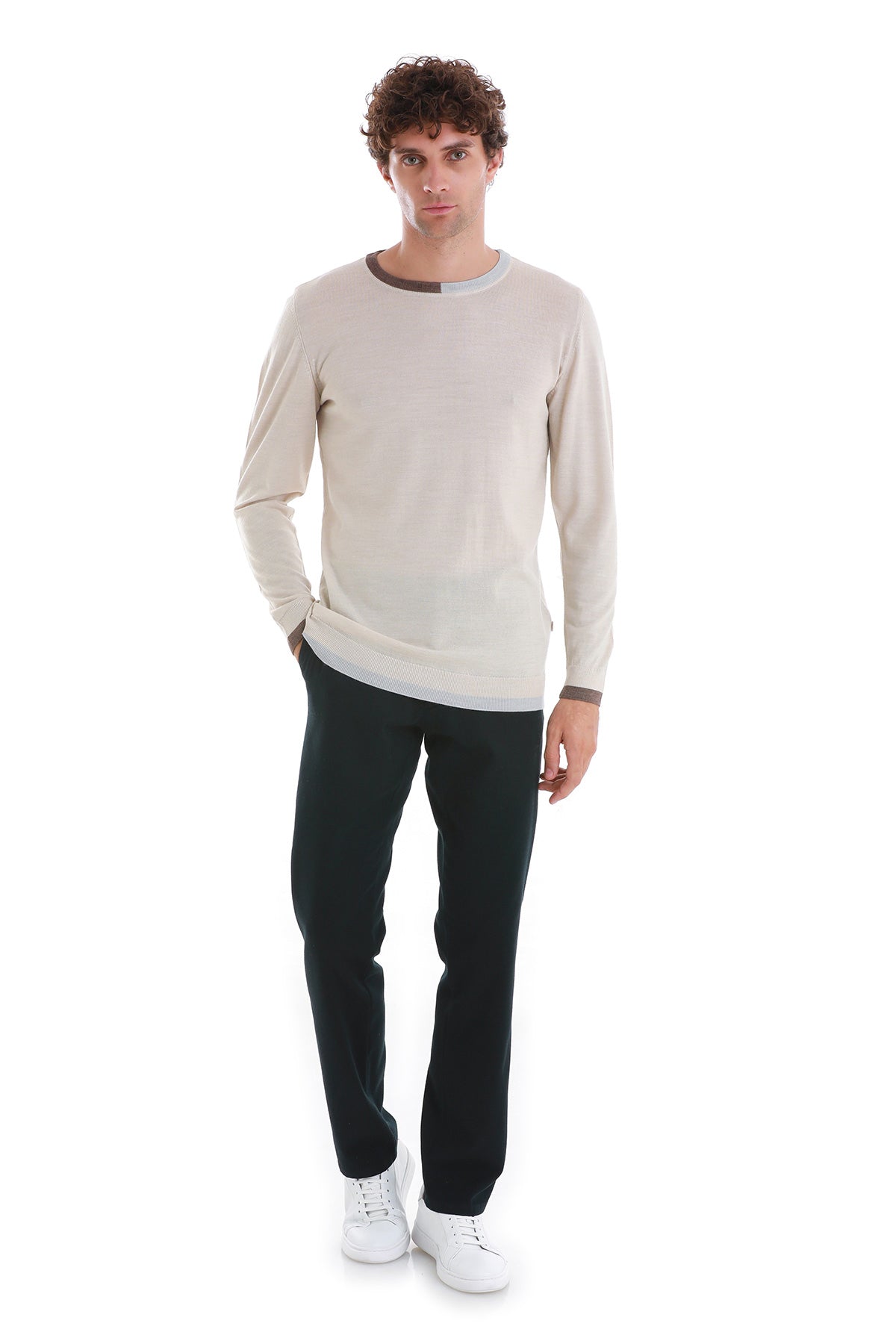 Regular Fit Beige Wool Blend Crewneck Sweater - MIB