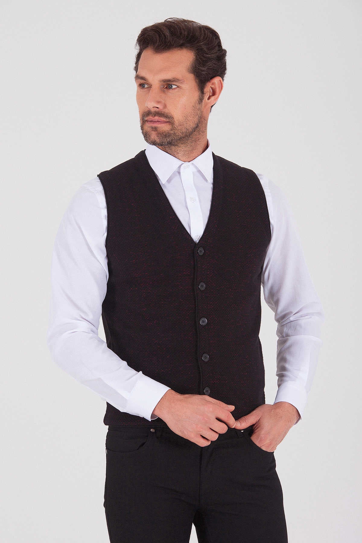 Regular Fit Black - Burgundy Cotton Blend Vest - SAYKI