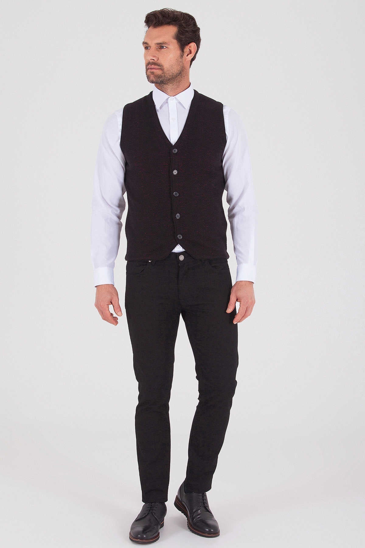 Regular Fit Black - Burgundy Cotton Blend Vest - SAYKI