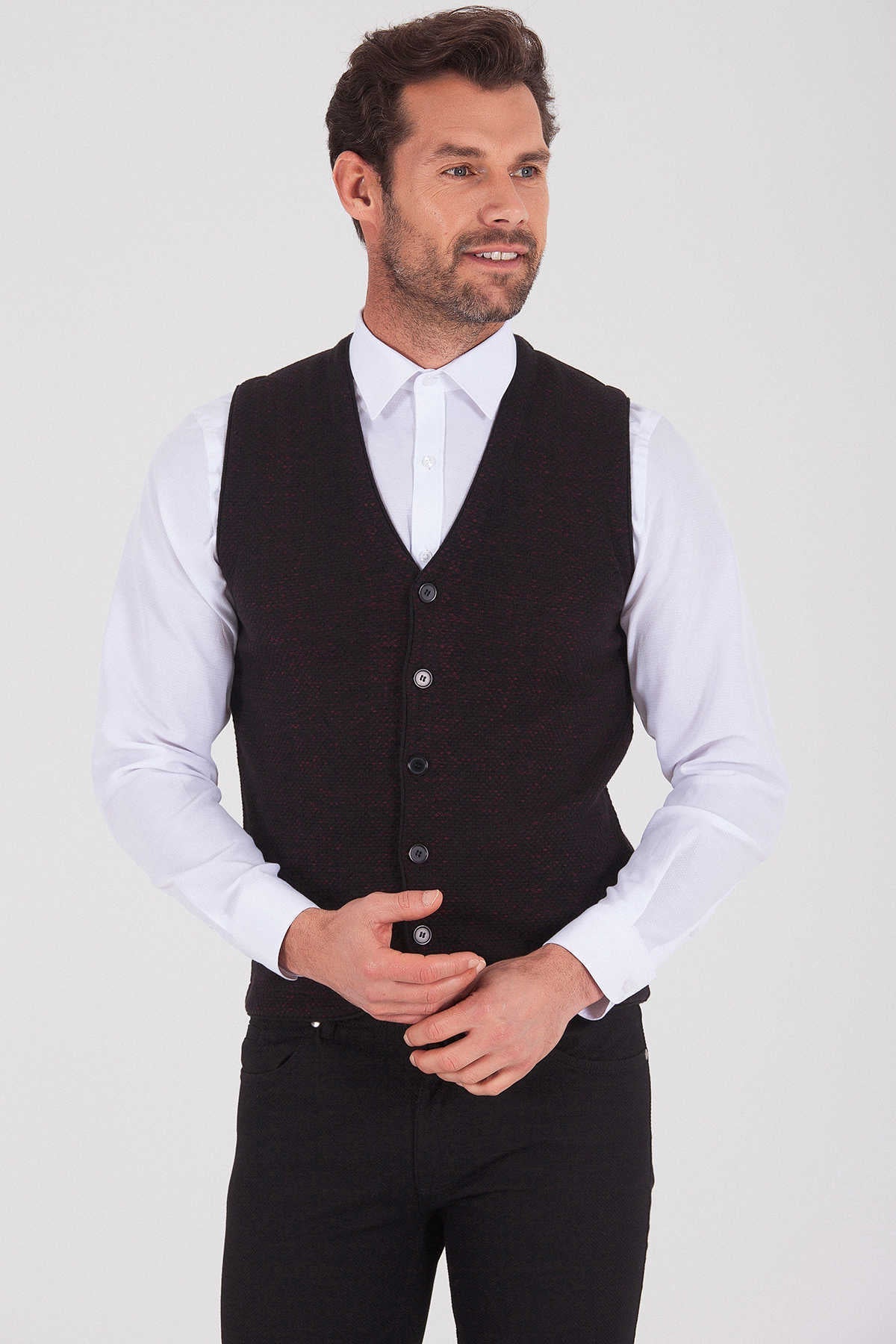 Regular Fit Black - Burgundy Cotton Blend Vest - SAYKI