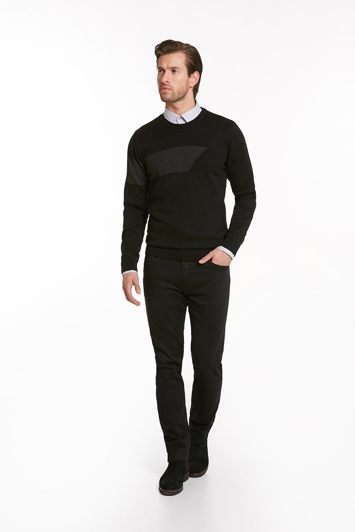 Regular Fit Black - Charcoal Cotton Blend Crewneck Sweater