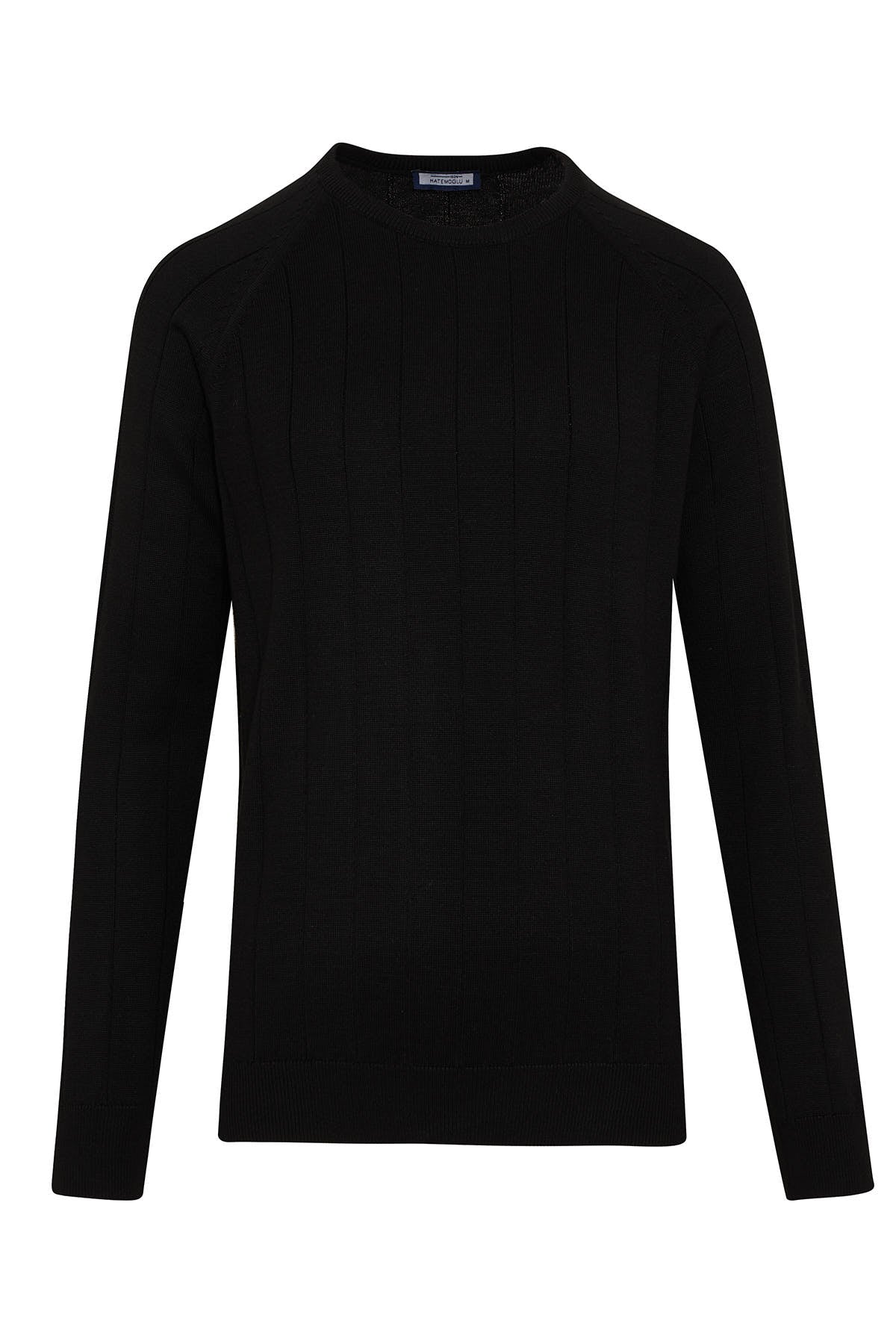 Regular Fit Black Cotton Blend Crewneck Sweater - SAYKI