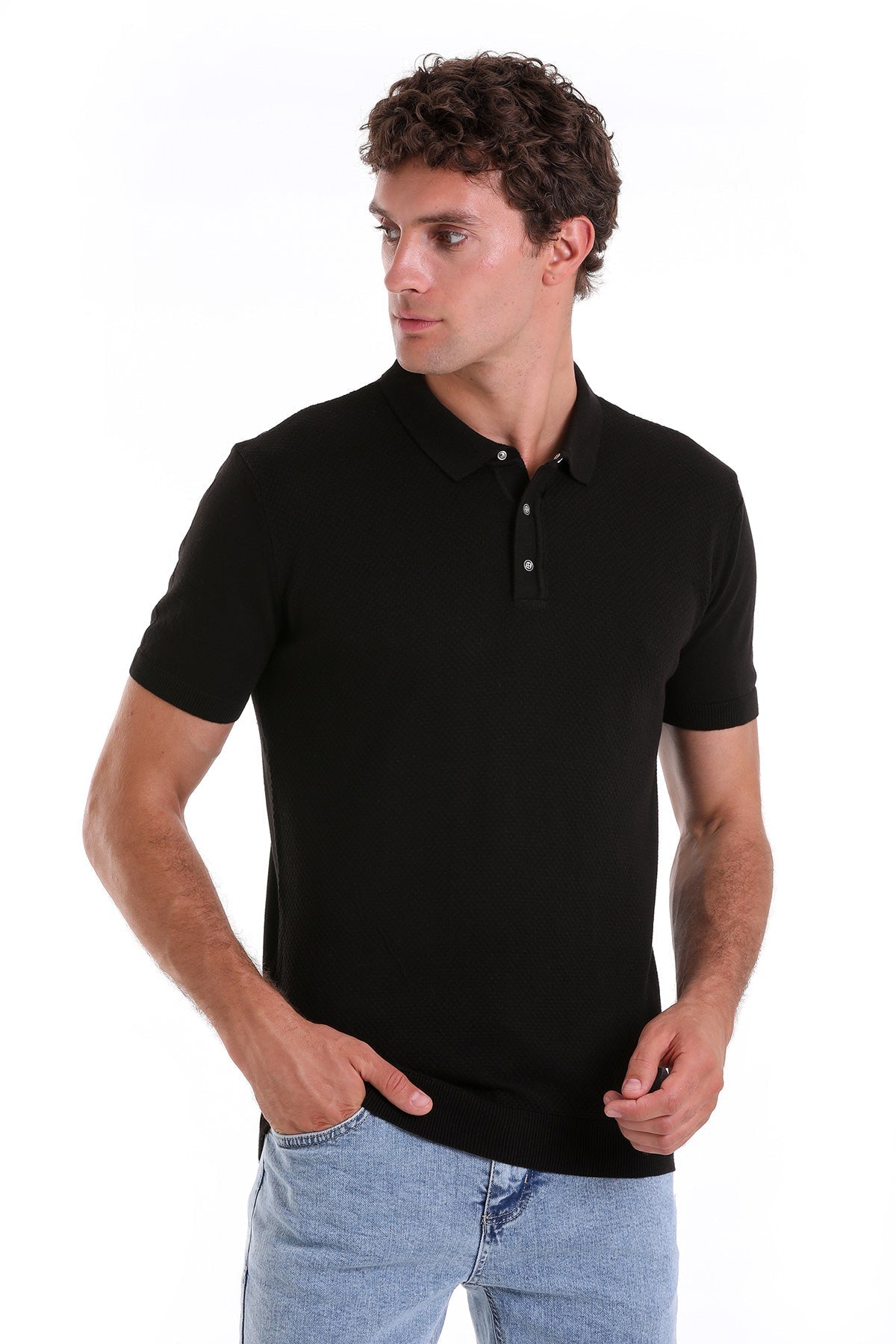 Regular Fit Black Cotton Blend Jacquard Polo T-Shirt - MIB