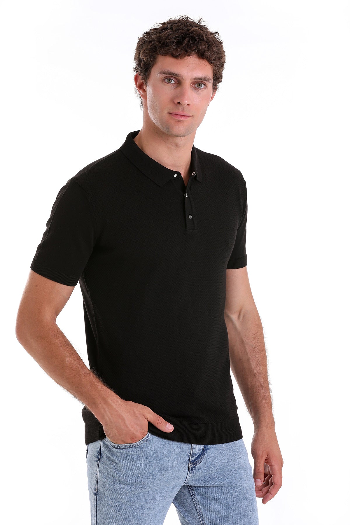 Regular Fit Black Cotton Blend Jacquard Polo T-Shirt - MIB