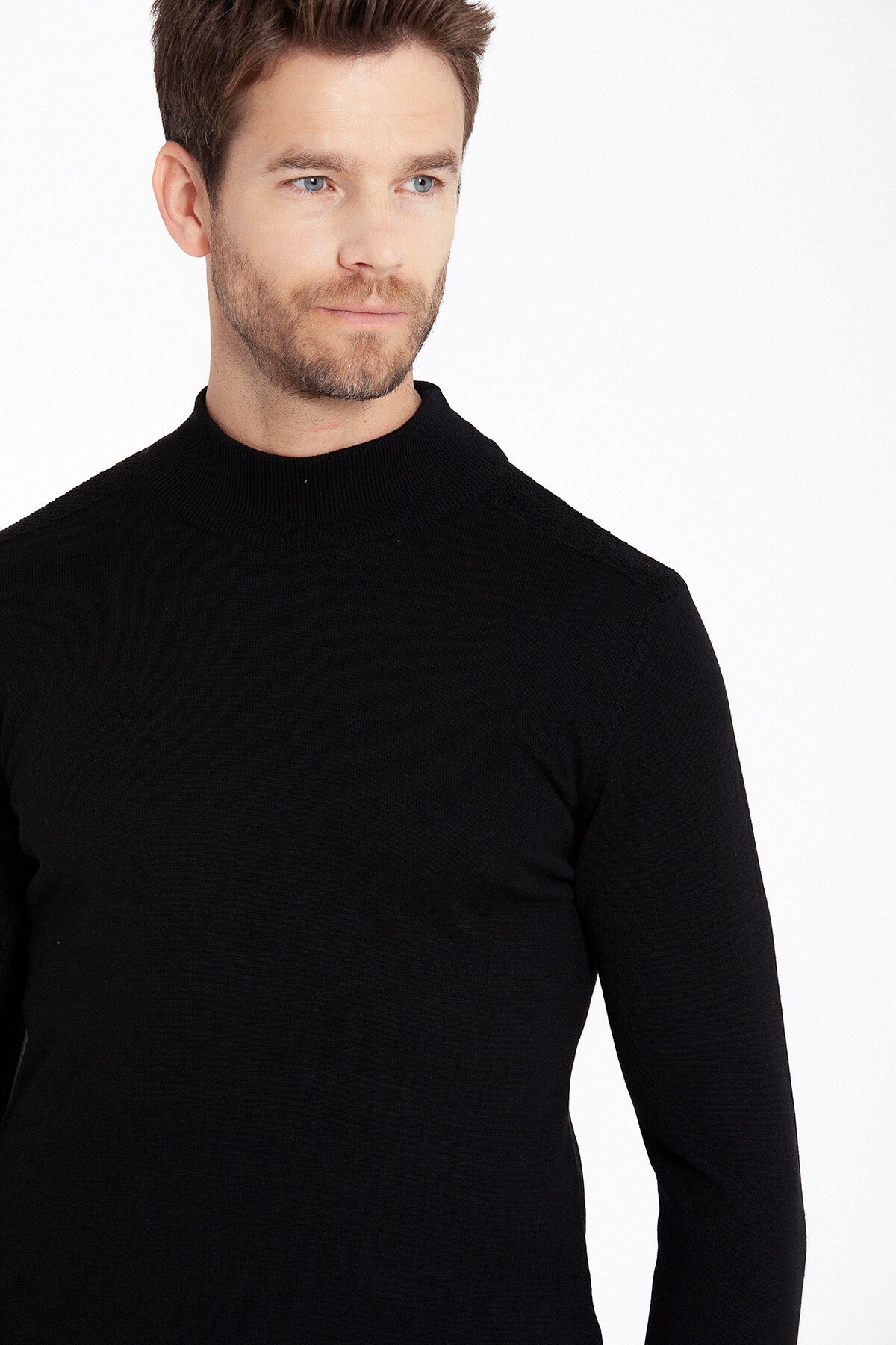 Regular Fit Black Cotton Blend Mock Neck Sweater - SAYKI