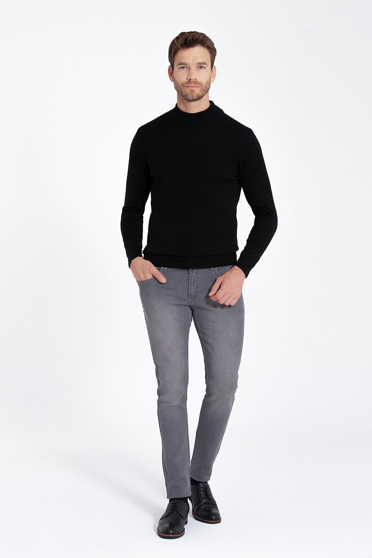 Regular Fit Black Cotton Blend Mock Neck Sweater - SAYKI