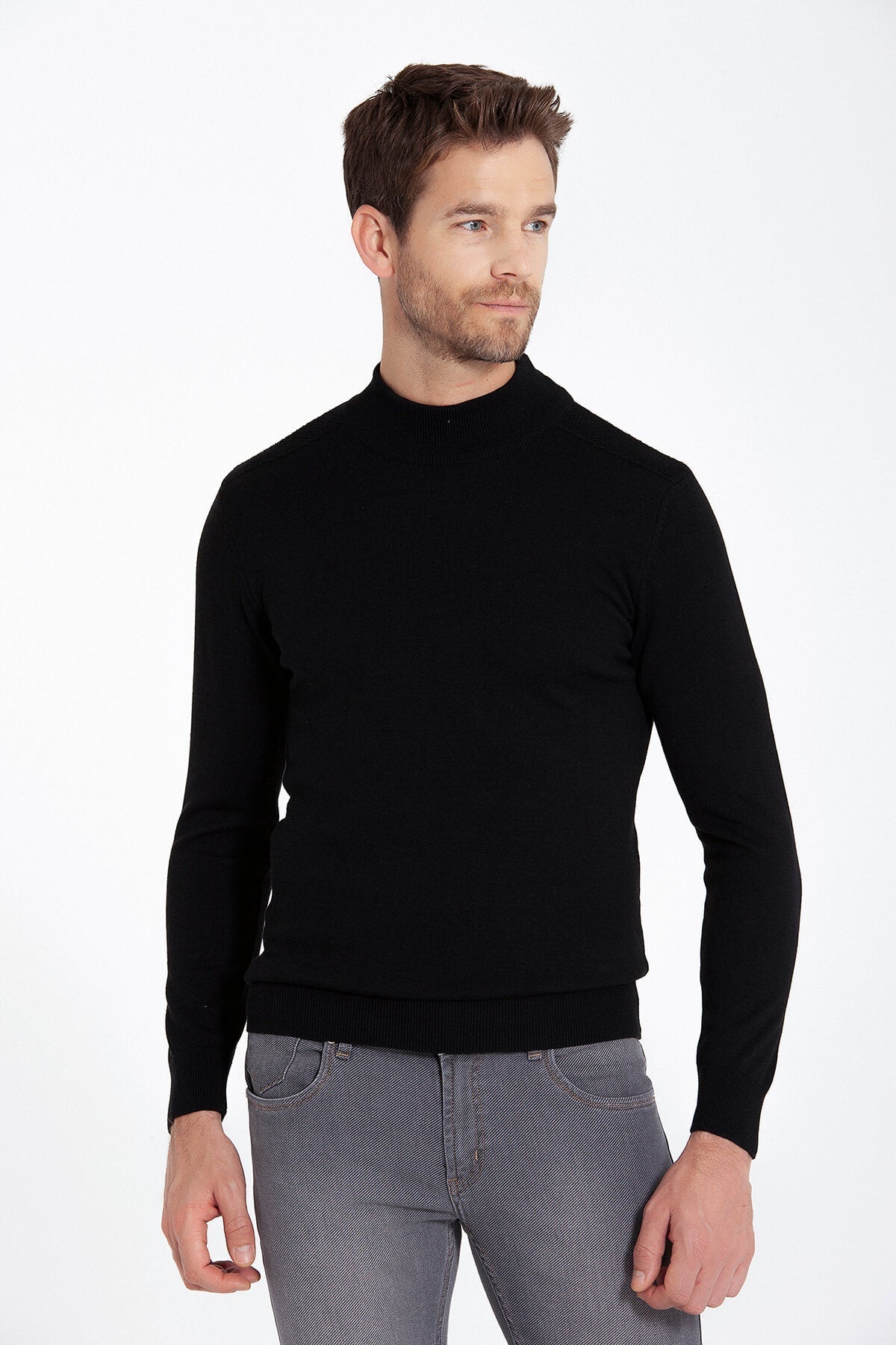 Regular Fit Black Cotton Blend Mock Neck Sweater - SAYKI