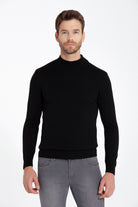 Regular Fit Black Cotton Blend Mock Neck Sweater - SAYKI