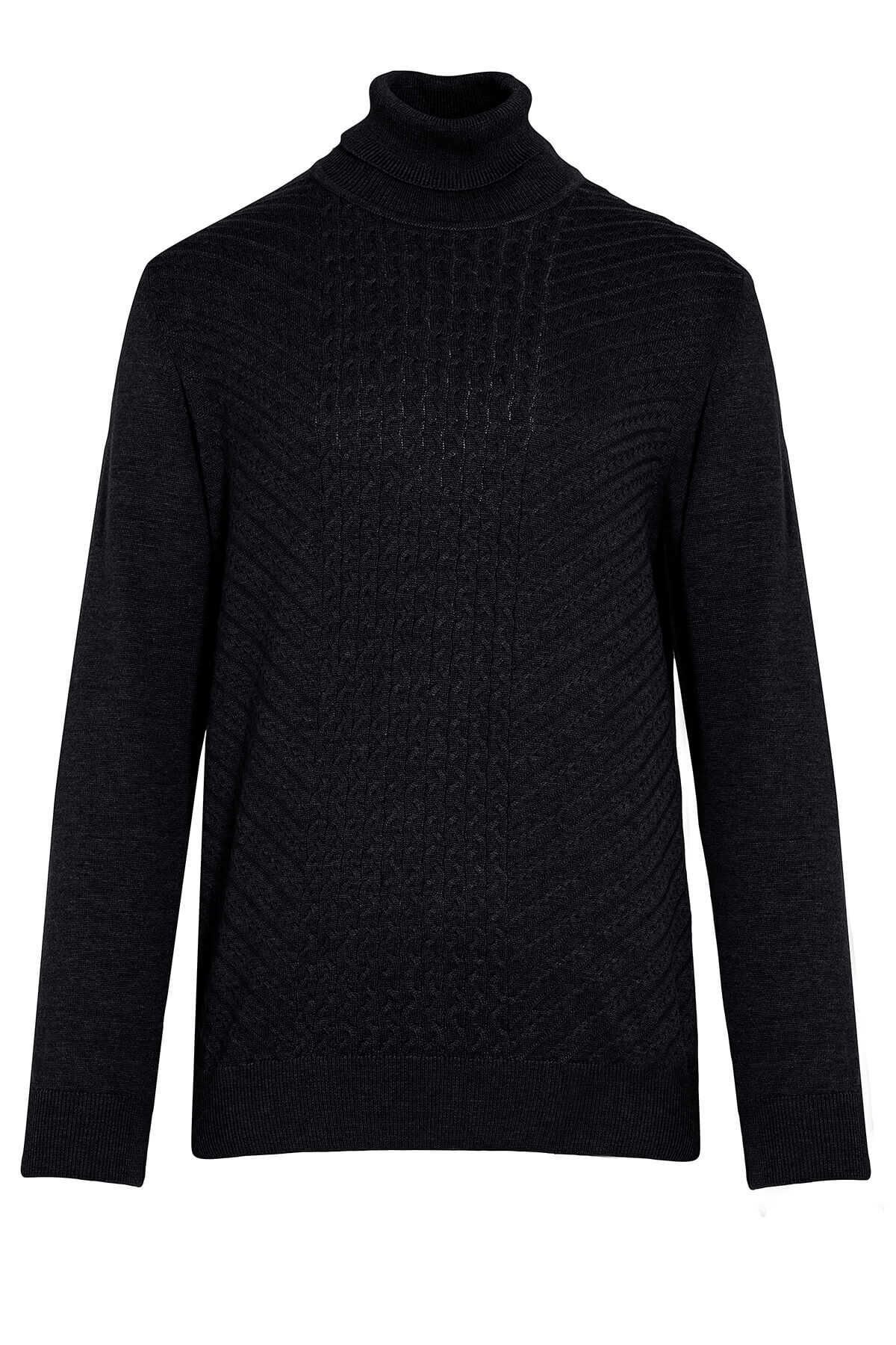 Regular Fit Black Cotton Blend Turtleneck Sweater - SAYKI