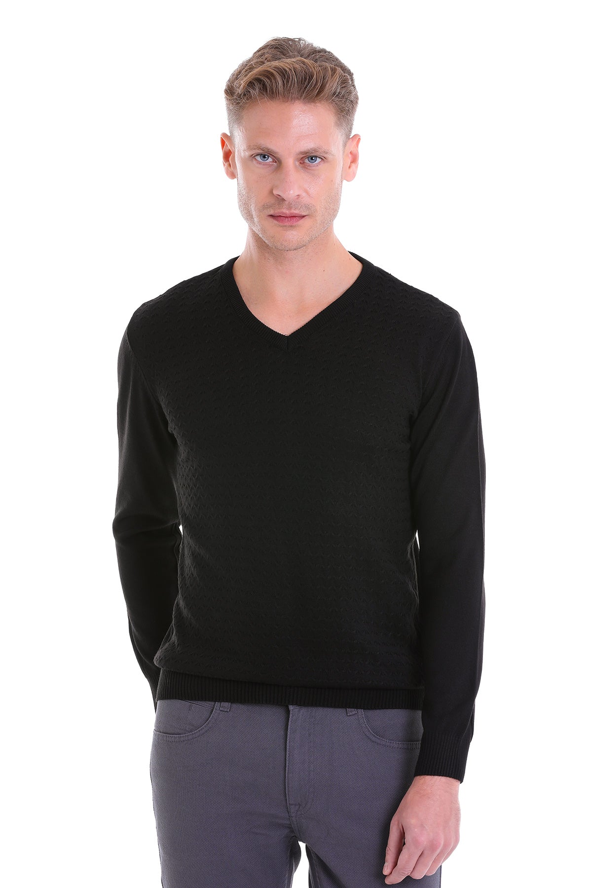 Regular Fit Black V-Neck Sweater - MIB