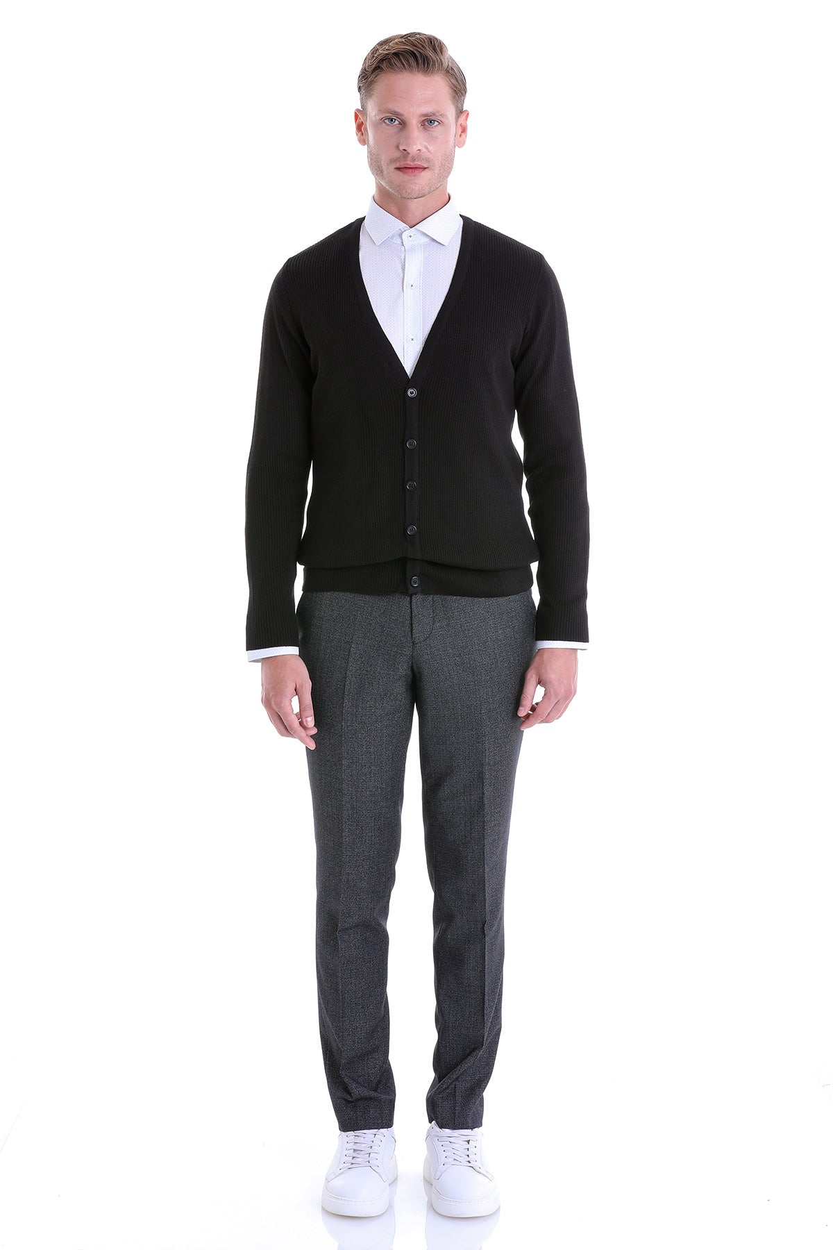 Regular Fit Black Wool Blend Cardigan - SAYKI