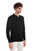 Regular Fit Black Wool Blend Jacquard Polo Sweater - MIB