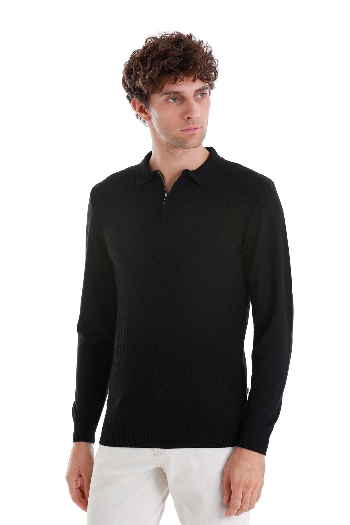 Regular Fit Black Wool Blend Jacquard Polo Sweater - MIB