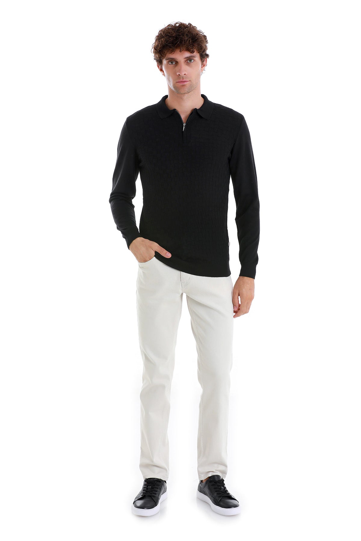 Regular Fit Black Wool Blend Jacquard Polo Sweater - MIB