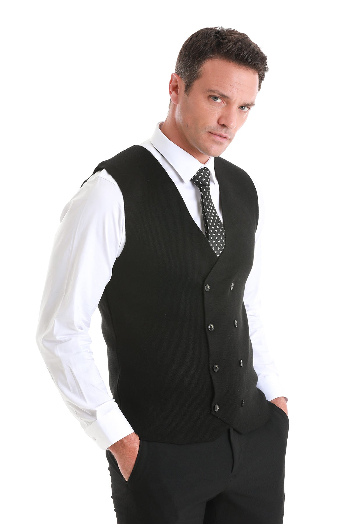 Regular Fit Black Wool Blend Knit Button Down Vest - MIB